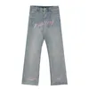 Loose Pink Brev Broderi Tvättade Mens Jeans High Street Oversize Straight Casual Denim Trousers Baggy Jean Byxor