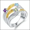 ソリティアリングリングジュエリー宝石バレエ925スターリングシアハンドメイドバンドねじれ天然Peridot Amethyst Topaz Gemstone for女性用Bijoux Y11