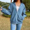 Blå Oversize Harajuku Hoodie Koreansk stil Zip Up Sweatshirt Vinterjacka Långärmad Pullovers Vintage Fickor Kläder 210816