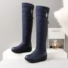 Knä High Boots Kvinnor Skor Spänne Plattform Mid Heel Snow Wedge Heels Fur Lining Ladies Long Winter Blue 44 210517