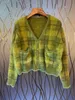 Vintage warm Green Plaid Cardigan women knitted sweater With Front Button Women Cropped Sweater 210521