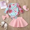 kids Clothing Sets girls outfits Children Floral Flower print Romper Tops+skirts+Bow Headband 3pcs/sets summer fashion Boutique baby clothes