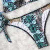 Women Sexy Snake Printed Bikini Summer Vacation Outdoors Swimwear Bandage Backless Beach Swimsuit with Metal Accessories