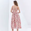 Gedrukt bloemen lace up strik jurk voor vrouwen v-hals mouwloze hoge taille sjerpen midi jurken vrouwelijke mode 210520