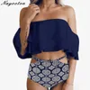 Nayooton Costume da bagno donna a due pezzi con spalle scoperte Costume da bagno a balze con balza bianca Costume da bagno a vita alta Costume da bagno S-XXL 210621