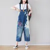 Johnature solta lazer retro patchwork impressão bolsos ajustáveis ​​denim jumpsuits verão mulheres plus tamanho grande perna calça 210521