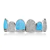 14K CZ Vampirzähne Grillz Iced Out Micro Pave Kubikzircon BLAUER Opal 6 Zähne Hip Hop Grill oben unten Mund Grillzs Set mit Silikonformleiste