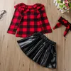 Humor Bear Baby Girl Clothes Sets Plaid American Style Children Clothing Suit 3Pcs Long Sleeve TOP+Leather Skirt+Headband Set