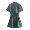 Summer Grey Blazer Dress Fashion Short Sleeve Notched Collar Cut Out Back Button Front Women Casual Bodycon Mini 210604