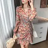 Floral Printed Women Chiffon Dresses Spring Long Sleeve V-Neck Lace Up Pleated Ruffle Sexy Short Mini Dress Mujer Vestidos 210514