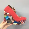 Handmade Womens Wedges Heeled Dress Shoes Buckle Ankle Strap Faux Kid-Suede Multicolored Evening Party Prom Club Fashion Court Pumps D636