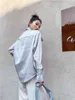 Designer Silver Long Sleeve Shirts For Women Collared Asymmetrical Tops And Bloues Satin Loose Shirt Fashion 210427