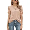 Realfine Summer T Shirts V-Neck Cotton Chiffon Shirts Puff Sleeve T-Shirts For Women Size S-XL