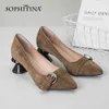 Sophitina Buty Specjalne Projekt Okrągły Obcas Mid Comfort Suede Brown Prawdziwej Skóry Mody Biurowe Panie Buty PK92 210513