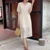 Kleid frauen Schwere Spitze Häkeln Floral Aushöhlen Vestidos Mujer Einreiher Robe Koreanische Temperament Kleider 95523 210519