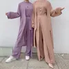 Etnik Giyim Eid Düz Kadın Tops Pantolon Arapça Türk 3 Parça Eşleştirme Set Müslüman Kadın Kimono Abaya Dubai Mütevazı Kıyafet