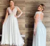 Plus Size Beach Wedding Dresses with Long Sleeve 2022 Modern V-neck Lace Applique Chiffon Sheer Back Flowy Skirt Boho Wedding Gown