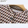 Zevity Women Vintage Stand Collar Geometric Print Pleats Mini Dress Chic Female Sweet Puff Sleeve Casual Slim Vestido DS4863 210603