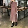 Red Print Chiffon Stand Collar Long Sleeve Full Midi Dress Loose Autumn D0639 210514