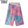 Women Fashion Side Pockets Tie-dye Straight Corduroy Shorts Vintage High Waist Zipper Fly Female Short Pants Mujer 210507