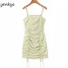 Sleeveless Sling Sexy Women Drawstring Bodycon Mini Modern Lady Yellow Floral Print Chiffon Dress Summer vestido 210515