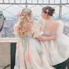 Kravat Boyalı Gökkuşağı Organze Elbise A-Line Puf Kol Sevimli Yaz Kadınlar için Patenci Kısa Parti Tatil 210427