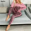 Spring Ladies Sets Sportswear Long Sleeve One-shoulder Printed Heart Tops Leopard Print Trousers Autumn Women Casual Suit X0428