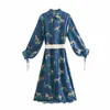 Za Flowy Animal Print Belt Satin Dress Women Long Sleeve Tied Cuffs Vintage Shirt Dresses Female Chic Hidden Button Vestido 210602