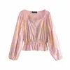 Women Blouses Pink Tie Dye Ruffle Blouse Woman Summer Long Sleeve Crop Top Female Elegant Front Button Elastic Hem Tunic 210430