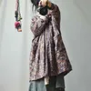 Johanature Woman Vintage Print Цветочные Parkas Хлопковые льняные Палашки Кнопка V-образным вырезом с длинным рукавом зимние теплые женские длинные пальто 210916