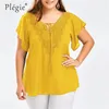 Plegie Plus Size Lace Platwork Shirt Tops and Blouses Short Size Big Blusas Femininas Blusas Mujer de Moda 210326