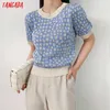 Tangada Korea Chic Kobiety Kwiaty Wzór Letni sweter Z Krótkim Rękawem Panie School Style Dzianiny Jumper Topy AI77 210609