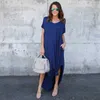 Kobiety Casual Luźna Kieszeń Long Drvintage Vintage Dekolt Lato Krótki Rękaw Długie Suknie Solid Femme T Shirt Maxi Dress X0529