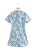 Sommar vintage kvinna slim hög midja lapel single-breasted blue solrosa utskrift fick mini klänningar 210514