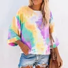 Autumn Winter Tie-dye Print T-shirt Women Casual O Neck Flared Long Sleeve Loose Ladies Tee Tops Plus Size Lady Gradient Tshirts 210507