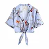 PUWD Sweet Dames V-hals Hoge Taille Blouse Zomer Mode Dames Straat Vrouwelijk Overhemd Gedrukt Shark Mouwen Top 210522