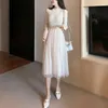 Beige Black Gray Stand Collar Long Sleeve Knitted Solid Autumn Midi Dress Fit And Flare Mesh Patchwork Pearls D2088 210514