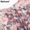 Beavent Women Floral Print Dress Elegant Puff Sleeve A-Line Chiffon Sash Dress High Waist Work Wear Office Lady Pink Dress 210709