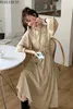 WERUERUYU Femmes Casual Automne Robe Lady Style Coréen Vintage Floral Imprimé Chemise En Mousseline De Soie Robe À Manches Longues Robe Midi 210608