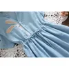 Mori Girl Summer Women Rabbit Embroidery Dress V-neck Drawstring Blue Femininos Vestidos Short Sleeve Elegant 210520