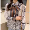 Women Scarf Neck Print Blouses Shirt Elegant Office Lady Contrast Color Chiffon Blouse Long Sleeve Tops B3025 210514