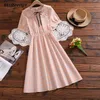 Japansk Preppy Style Summer Women Dresses Peter Pan Collar Bow Plaid Short Sleeve Elegant Hög midja Sweet Midi 210520