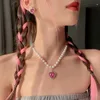 Chains Kpop Vintage Goth Sweet Choker Pink Zircon Love Heart Pearls Beaded Chain Neck Necklace For Women Harajuku Y2K Accessories