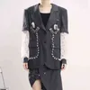 Grey Patchwork Lace Chain Korean Blazer For Women Notched Long Sleeve Straight Casual Blazers Female Spring Fashion 210524
