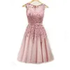 Sexig Illusion Lace Kort Aftonklänningar Robe de Soiree Elegant Evening Party Dress With Pearls AbendKleider