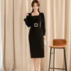Primavera negro coreano elegante fiesta midi vestido con cinturón mujeres manga larga cuello cuadrado moda oficina mujer lápiz vestido 210518