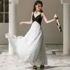 Summer Chiffon Backless Sling Long Dress Women Elegant V-neck A-line skirt Black Splicing White High Waist Gown Dresses 210430