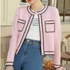Runway Pink Cardigan Crop Top Luksusowe Przycięte Kobiety Okrągłe Neck Pojedynczy Piersed Dzianiny Krótki sweter Płaszcz 210914