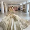 2022 Champagne pärlstav quinceanera klänningar snörning applicerad långärmad prinsessa boll klänning prom party bär maskerad klänning wjy591245z