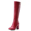 Bottes femmes mode genou haute en cuir PU fermeture éclair talon épais longues dames bout carré automne hiver noir rouge